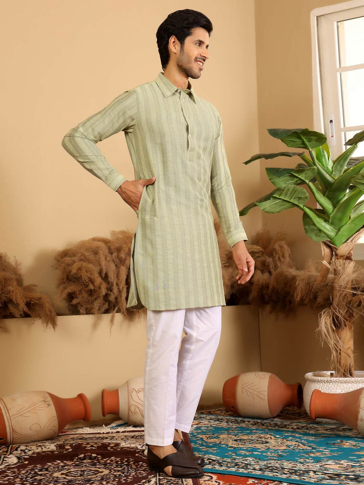 Lime Green-Gray Self Design Handwoven Cotton Pathani Kurta with Pyjama