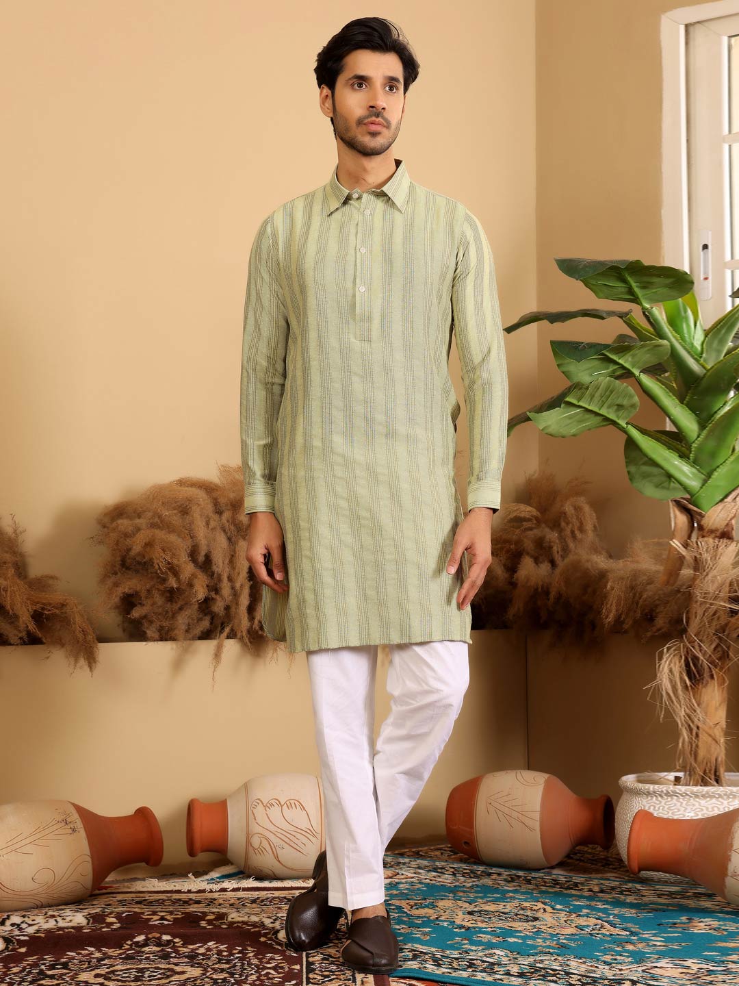 Lime Green-Gray Self Design Handwoven Cotton Pathani Kurta with Pyjama