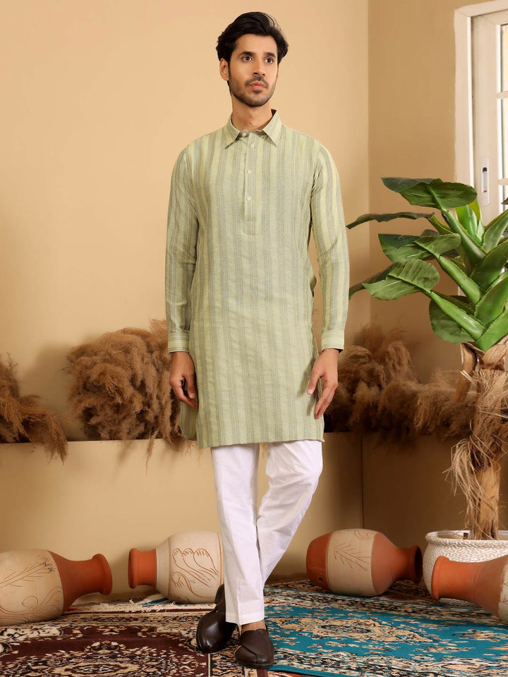 Lime Green-Gray Self Design Handwoven Cotton Pathani Kurta with Pyjama