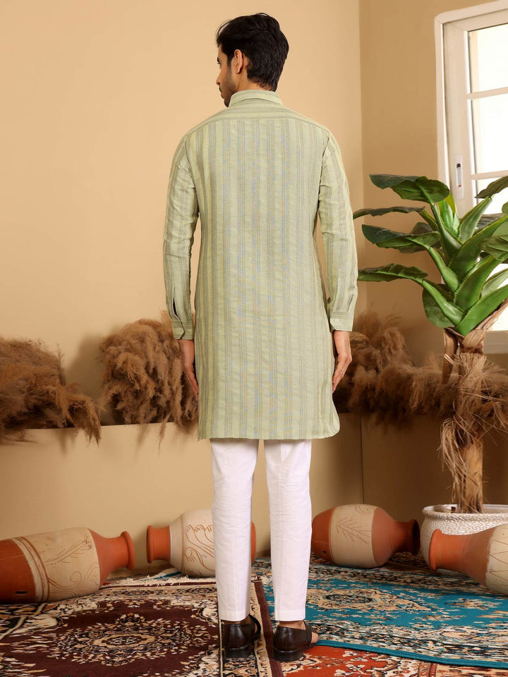 Lime Green-Gray Self Design Handwoven Cotton Pathani Kurta with Pyjama
