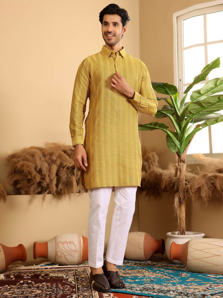 Yellow-Gray Self Design Handwoven Cotton Pathani Kurta