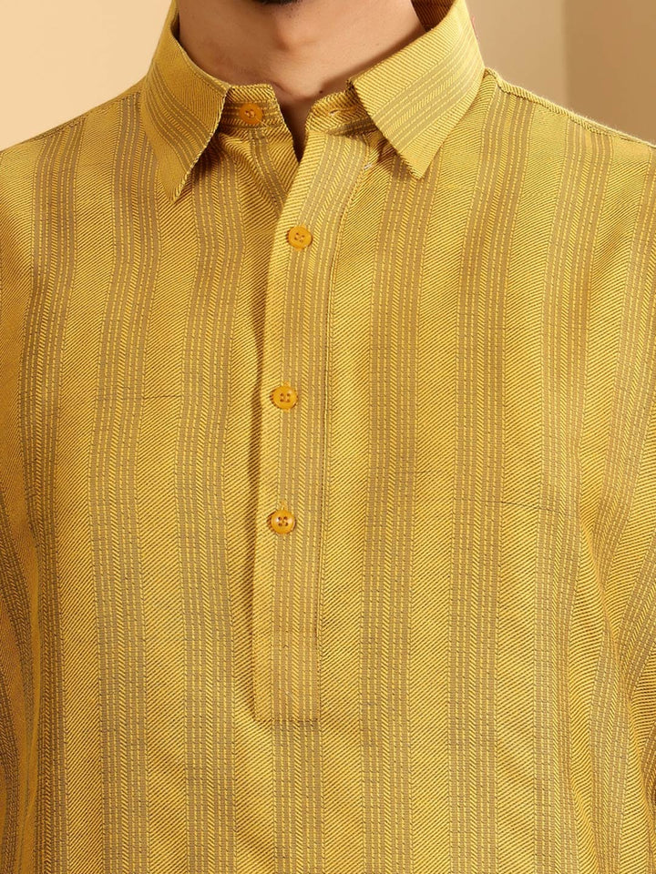 Yellow-Gray Self Design Handwoven Cotton Pathani Kurta