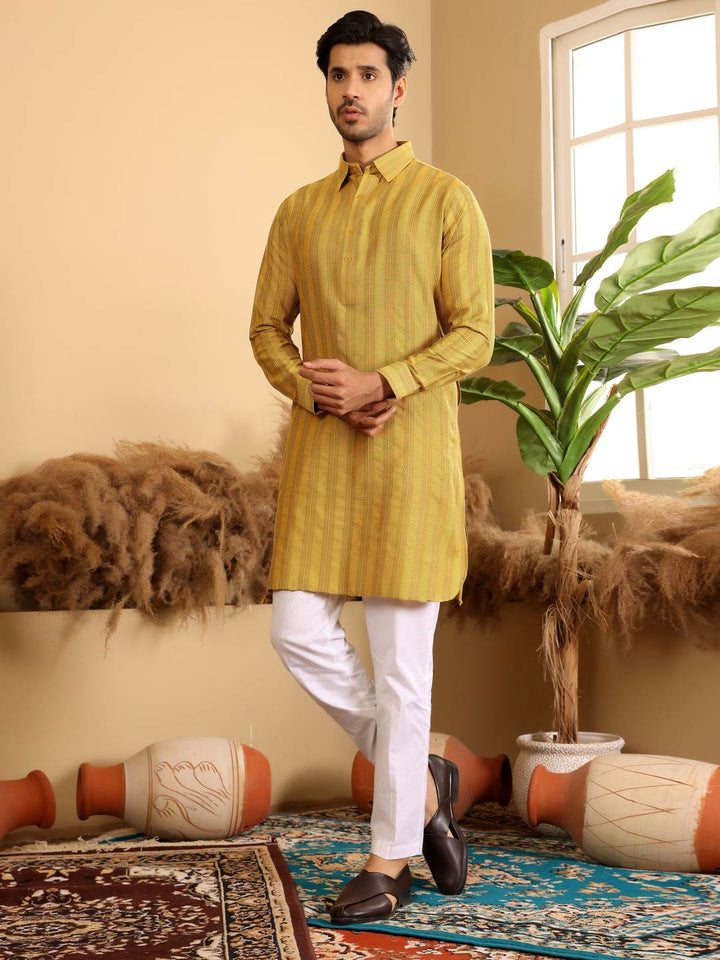 Yellow-Gray Self Design Handwoven Cotton Pathani Kurta