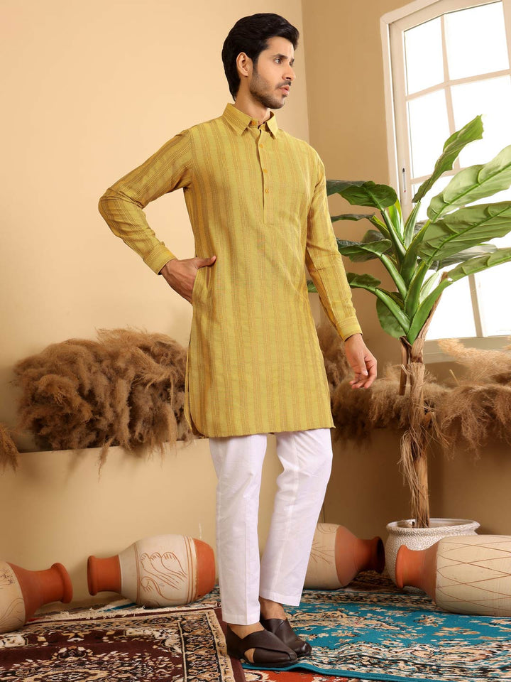 Yellow-Gray Self Design Handwoven Cotton Pathani Kurta