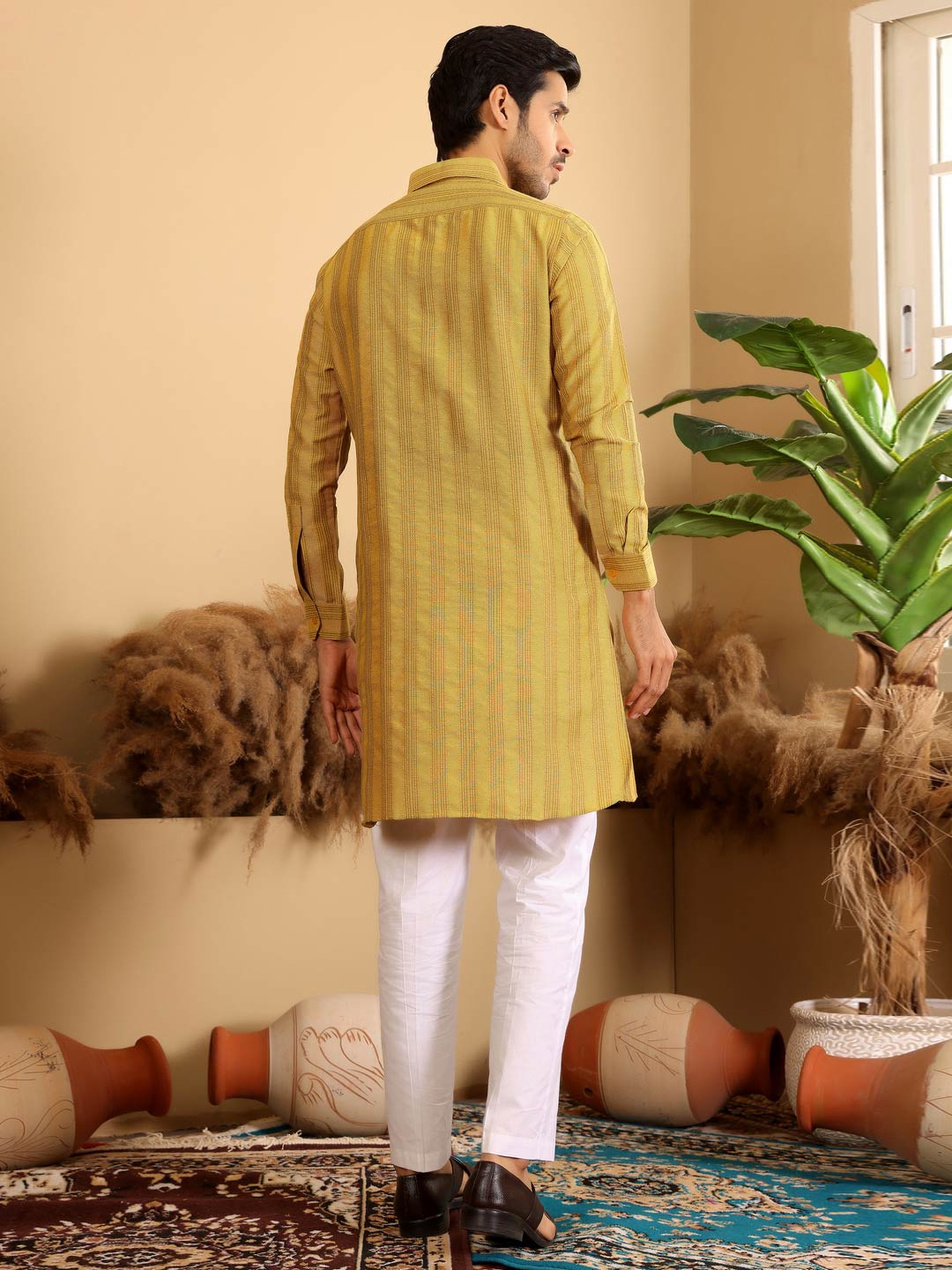 Yellow-Gray Self Design Handwoven Cotton Pathani Kurta