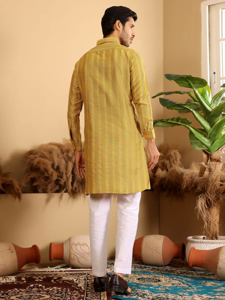 Yellow-Gray Self Design Handwoven Cotton Pathani Kurta