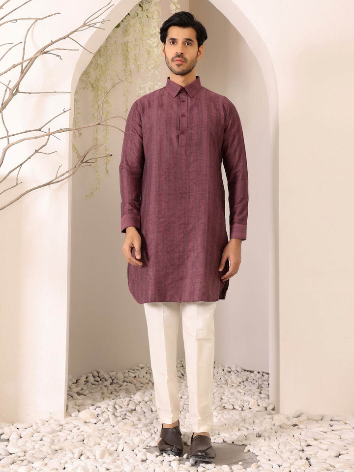 Dark Mauve Self Design Handwoven Cotton Pathani Kurta