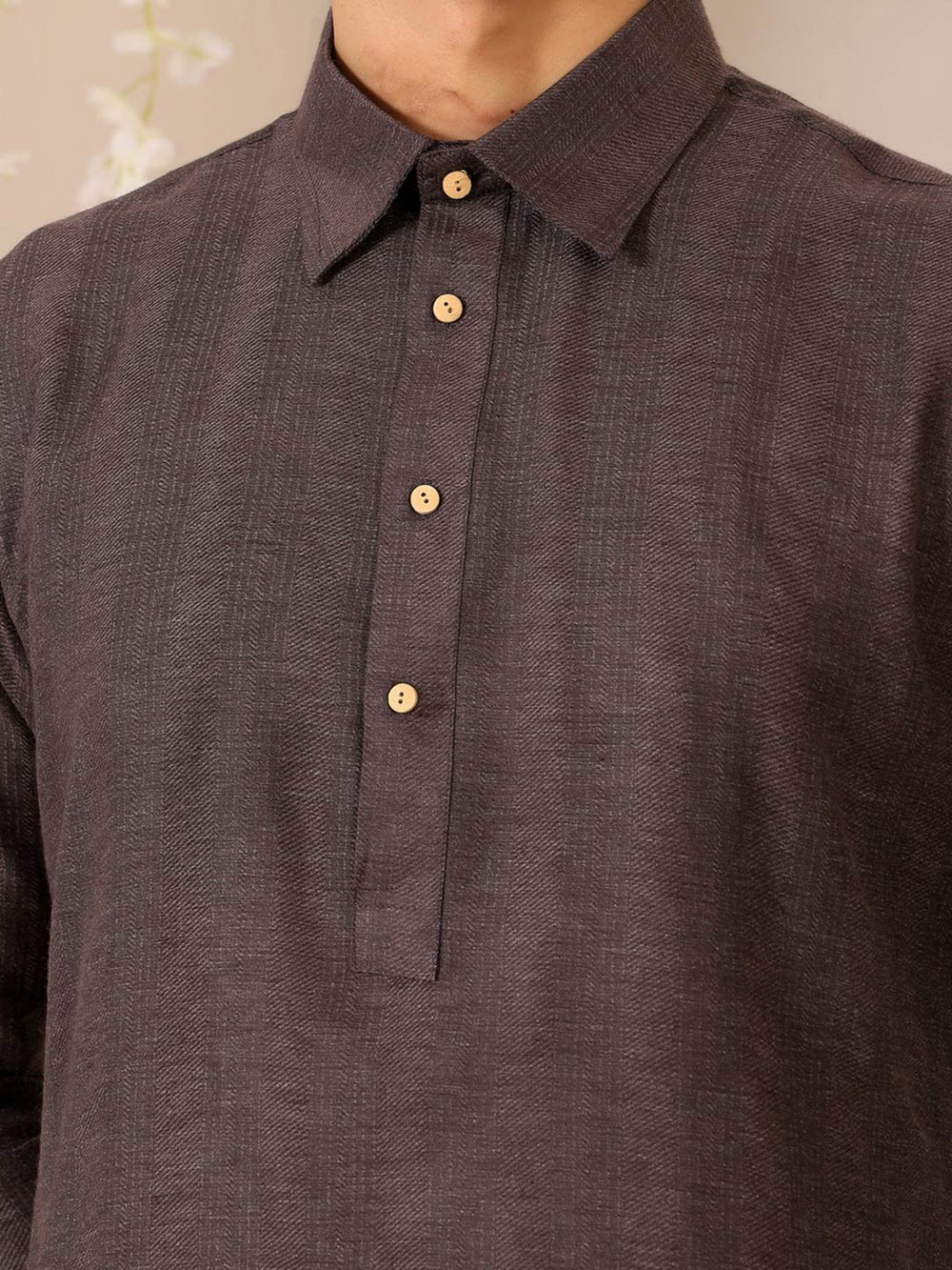 Brown Self Design Handwoven Cotton Pathani Kurta – Brown