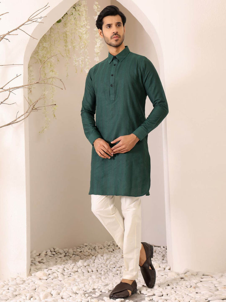 Green Self Design Handwoven Cotton Pathani Kurta with Pyjama