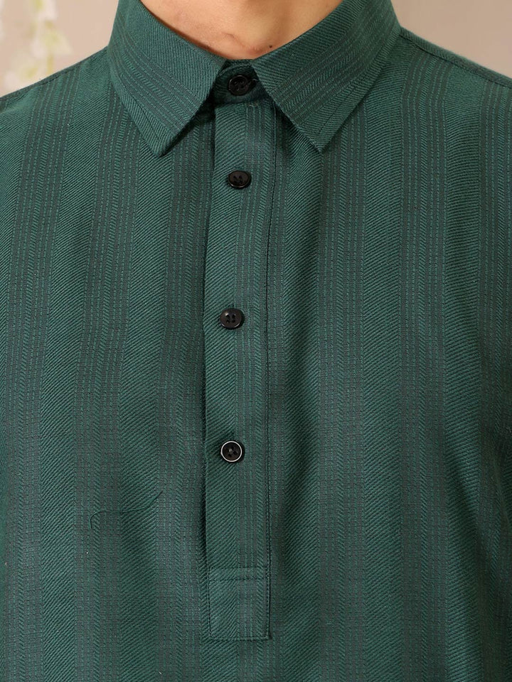 Green Self Design Handwoven Cotton Pathani Kurta with Pyjama