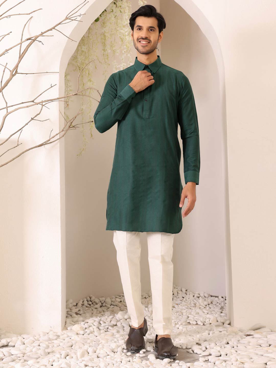 Green Self Design Handwoven Cotton Pathani Kurta with Pyjama