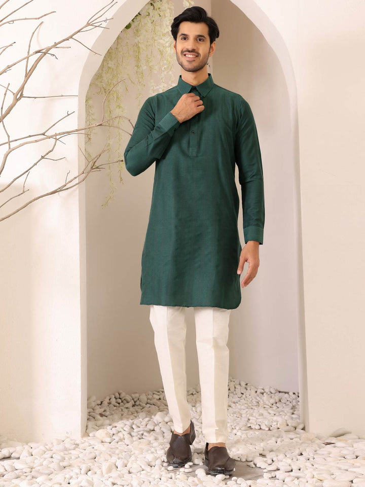 Green Self Design Handwoven Cotton Pathani Kurta with Pyjama