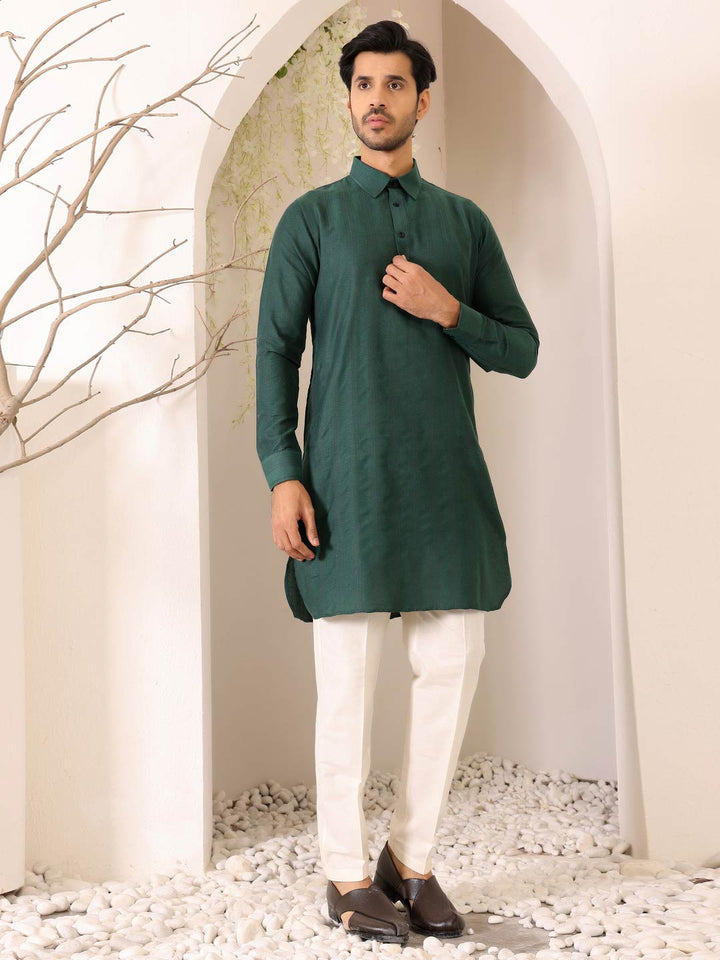 Green Self Design Handwoven Cotton Pathani Kurta with Pyjama