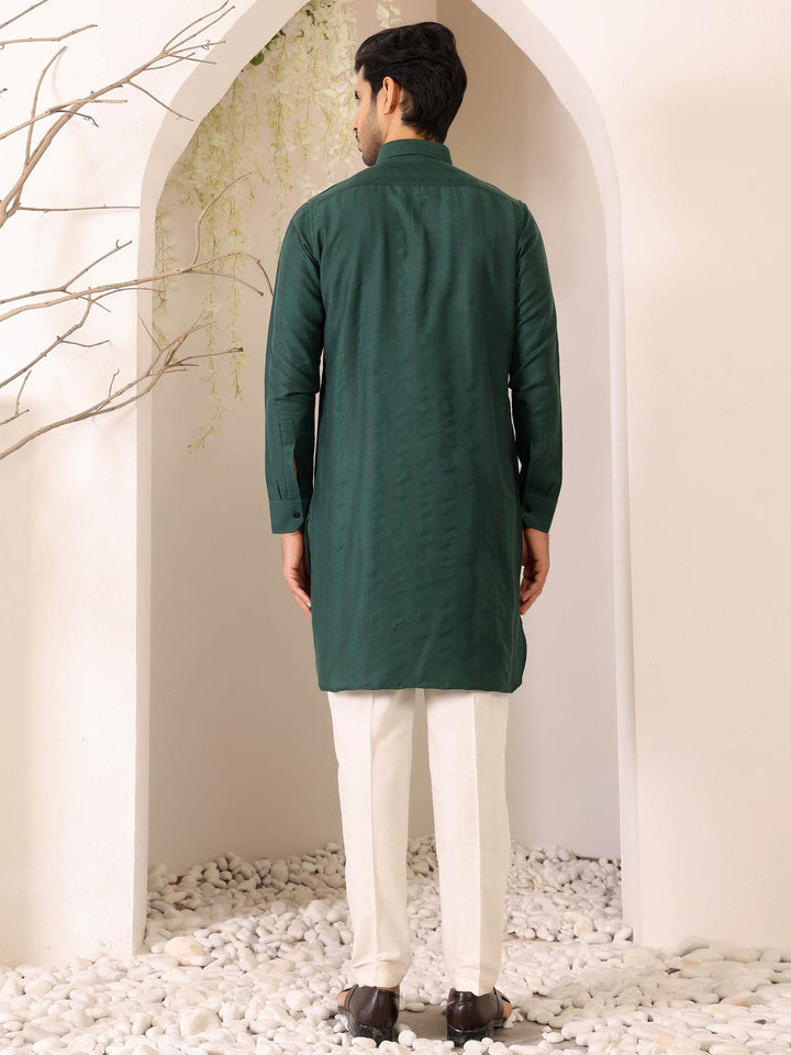 Green Self Design Handwoven Cotton Pathani Kurta with Pyjama