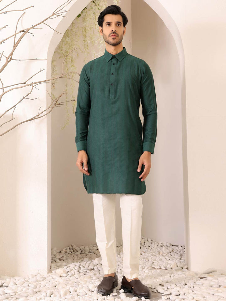 Green Self Design Handwoven Cotton Pathani Kurta with Pyjama