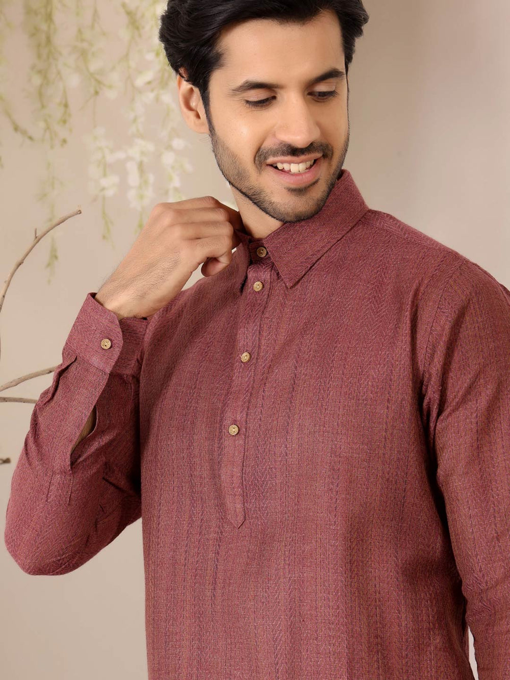 Chocolate Brown Self Design Handwoven Cotton Pathani Kurta – Brown