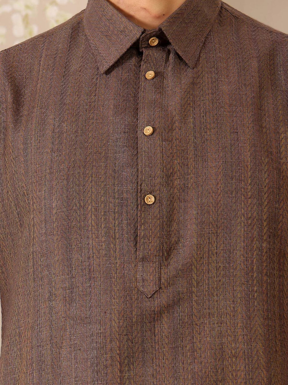 Dark Brown Self Design Handwoven Cotton Pathani Kurta – Brown