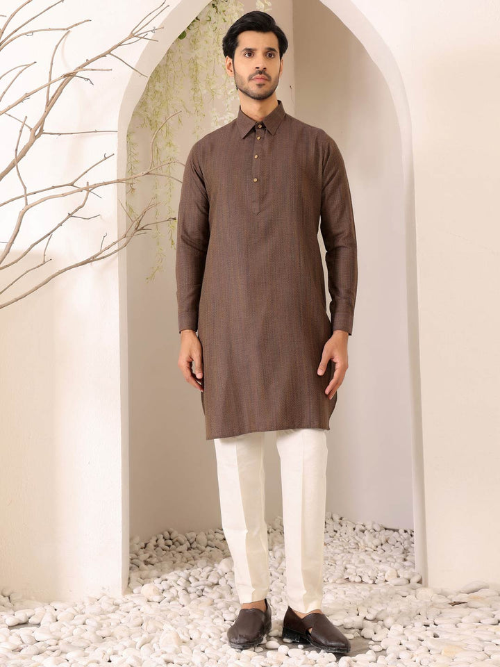 Dark Brown Self Design Handwoven Cotton Pathani Kurta