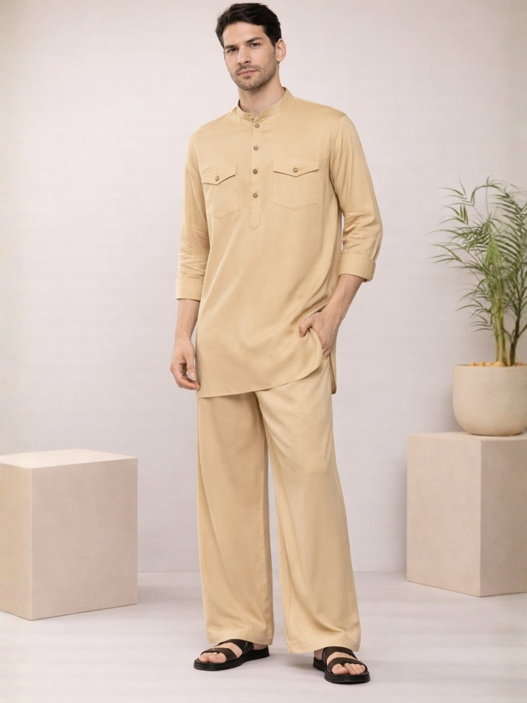 Men's Rayon Solid Pathani co-ord Set
