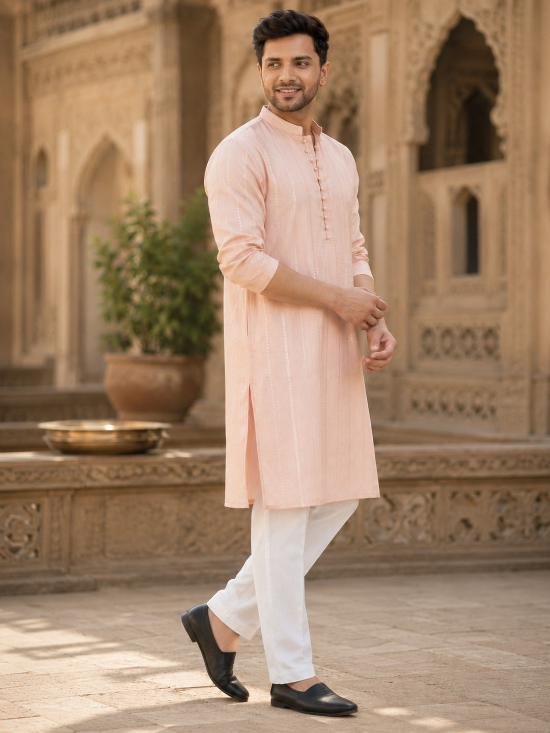 Men Pink and Gold Sequins Embroidered Chanderi Silk Straight Kurta With Pyjama
