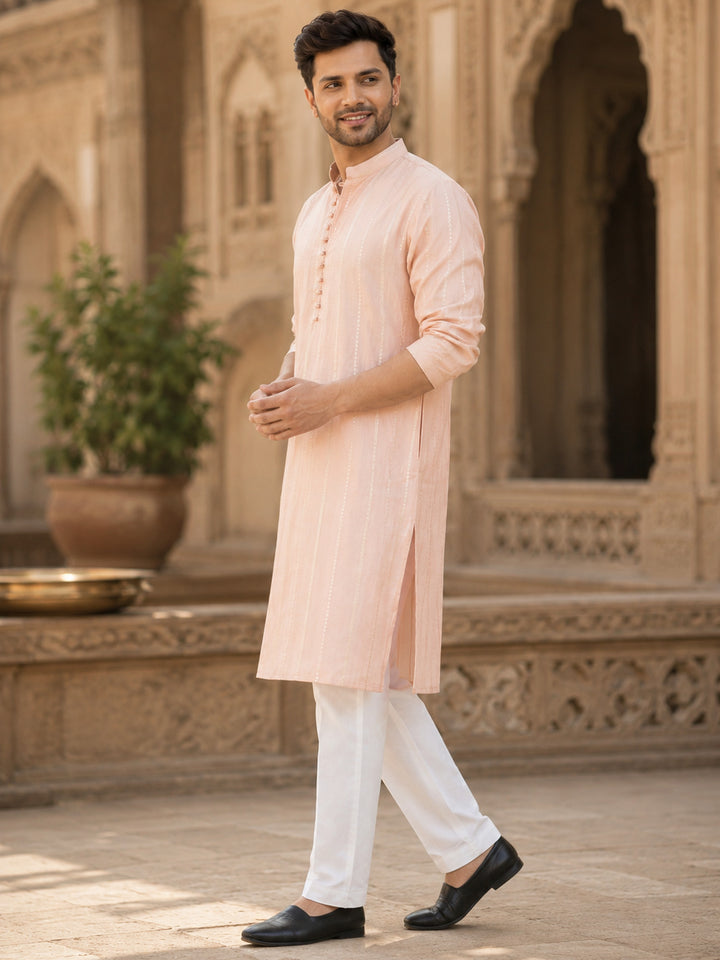 Men Pink and Gold Sequins Embroidered Chanderi Silk Straight Kurta With Pyjama