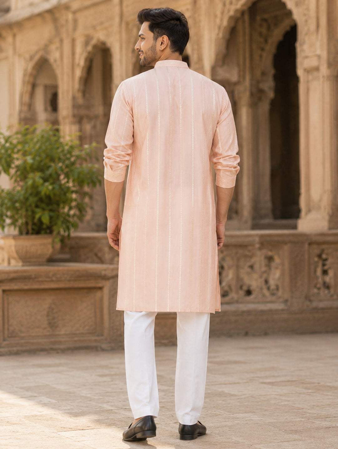Men Pink and Gold Sequins Embroidered Chanderi Silk Straight Kurta With Pyjama