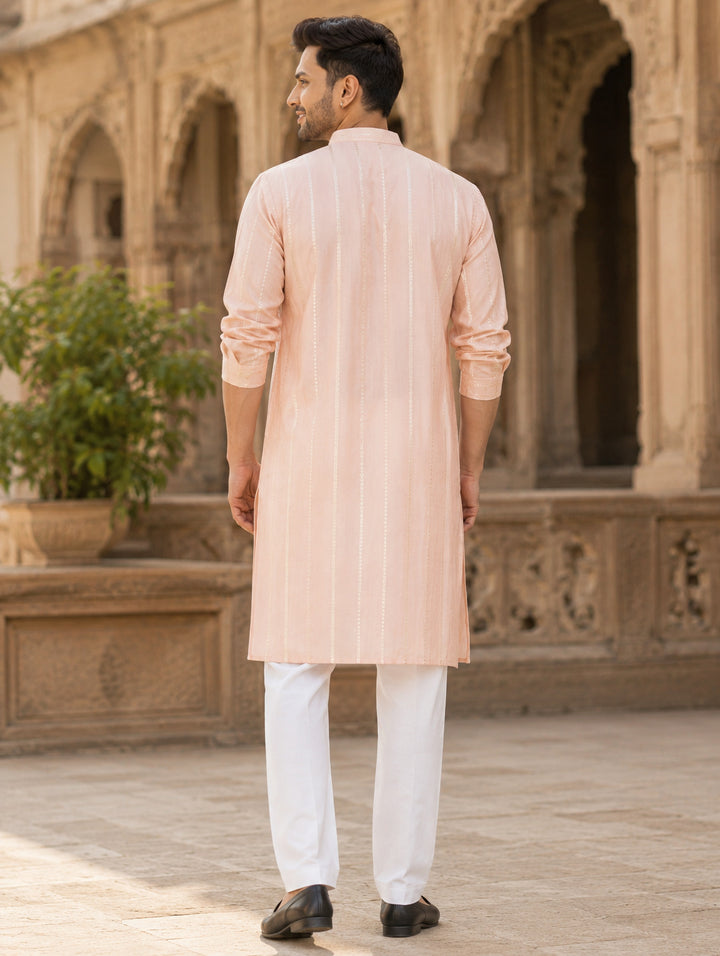 Men Pink and Gold Sequins Embroidered Chanderi Silk Straight Kurta With Pyjama