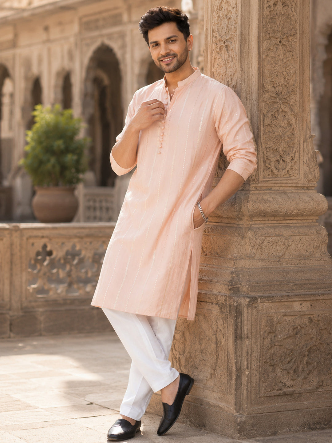 Men Pink and Gold Sequins Embroidered Chanderi Silk Straight Kurta With Pyjama