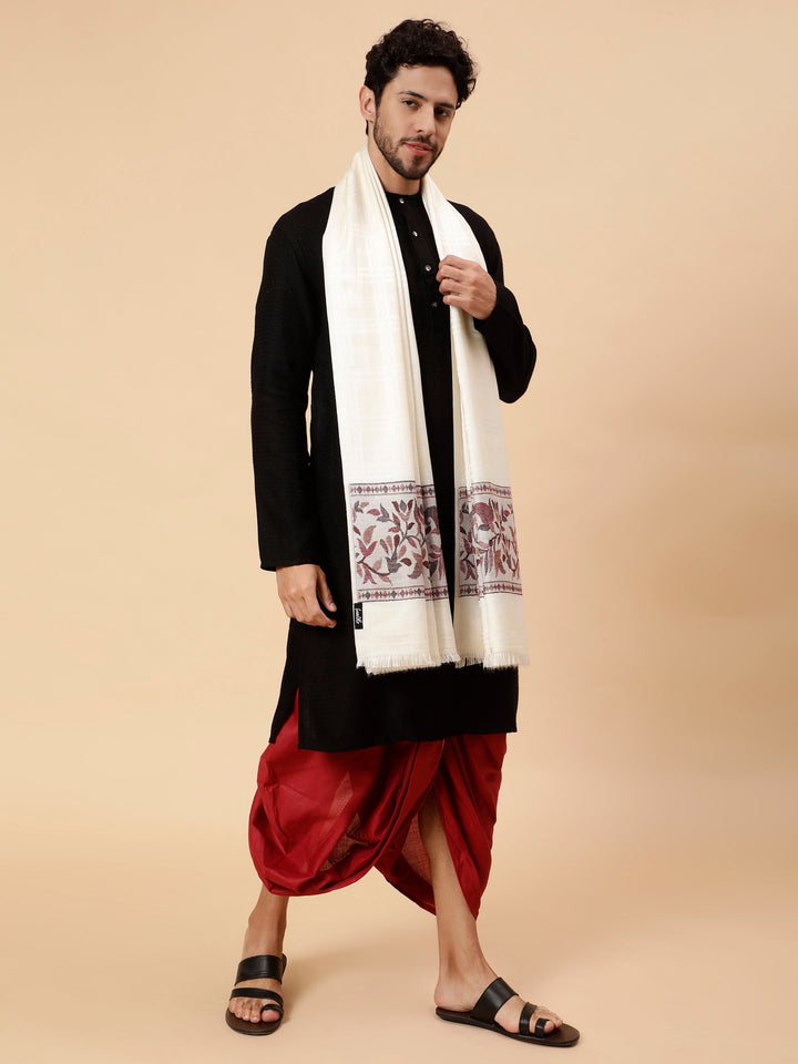 Tweedle Men’s Reversible Shawl / Stole, Wool Blend, Ethnic Kashmiri Design Scarf  – White
