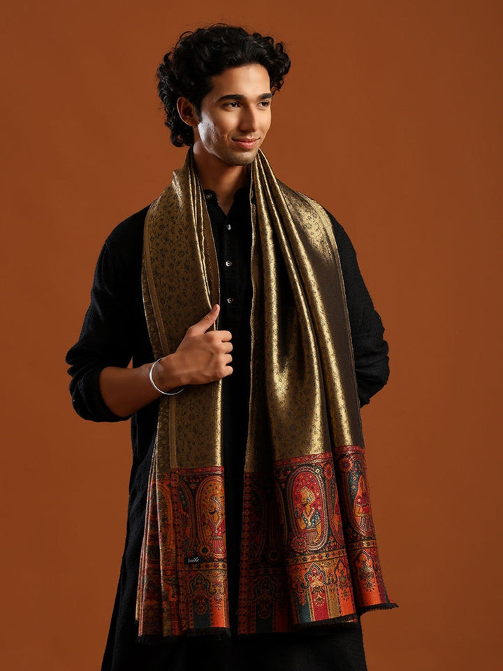 Woven Design, Ethnic Motifs Zari Shimmer Shawl for Men – Black - 40x80