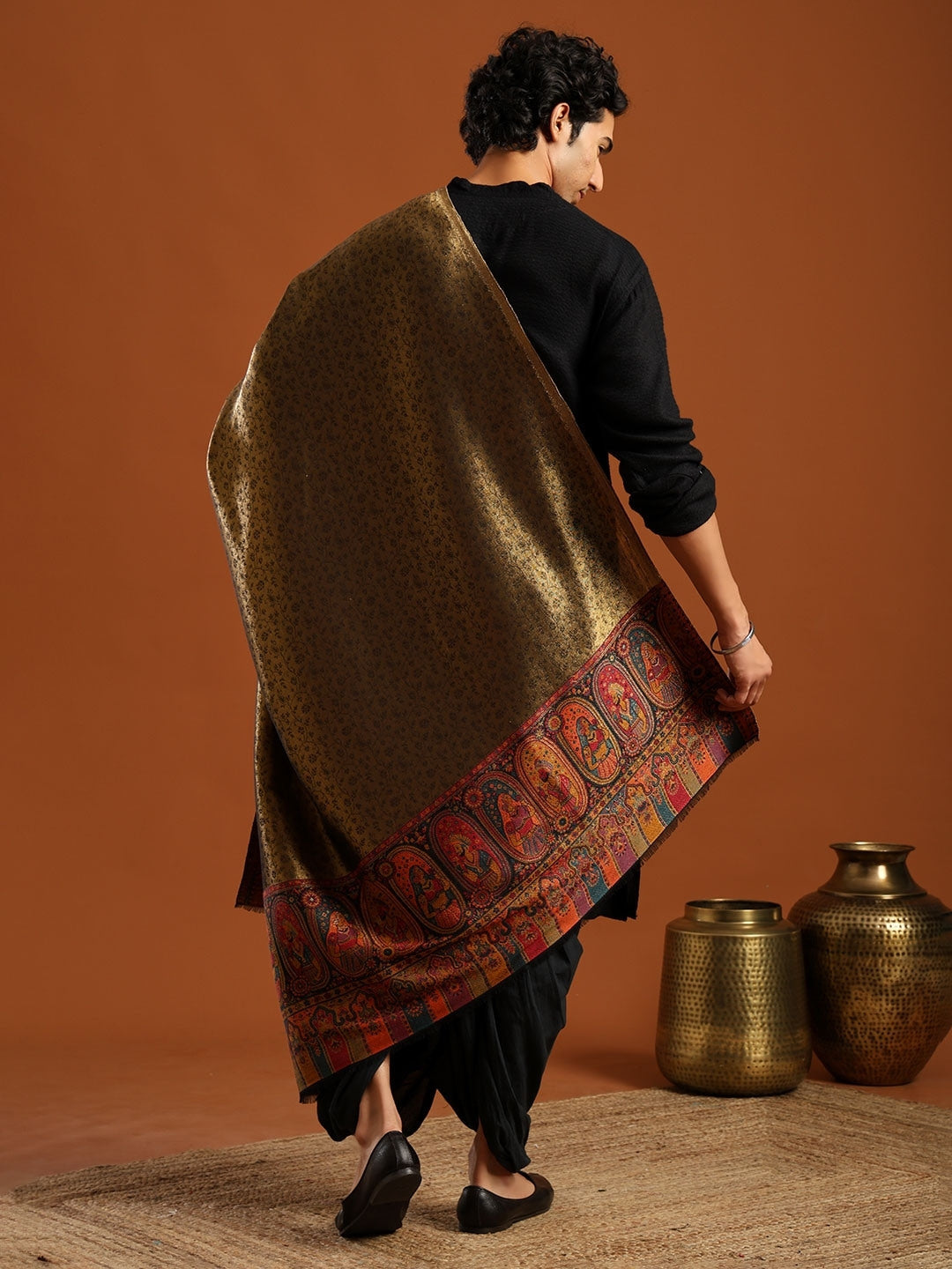 Woven Design, Ethnic Motifs Zari Shimmer Shawl for Men – Black - 40x80