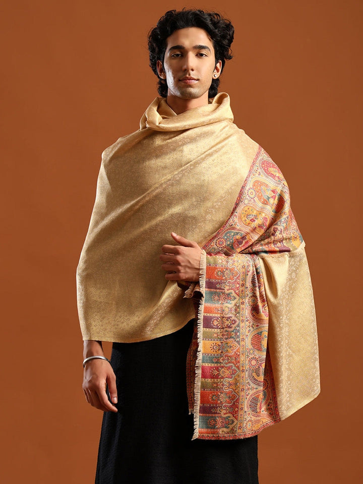 Woven Design, Ethnic Motifs Zari Shimmer Shawl for Men – Off-White - 40x80