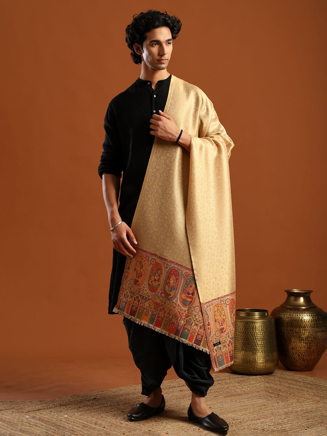 Woven Design, Ethnic Motifs Zari Shimmer Shawl for Men – Off-White - 40x80