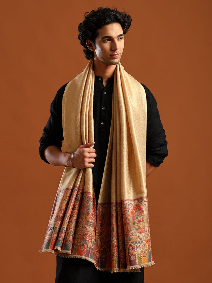 Woven Design, Ethnic Motifs Zari Shimmer Shawl for Men – Off-White - 40x80
