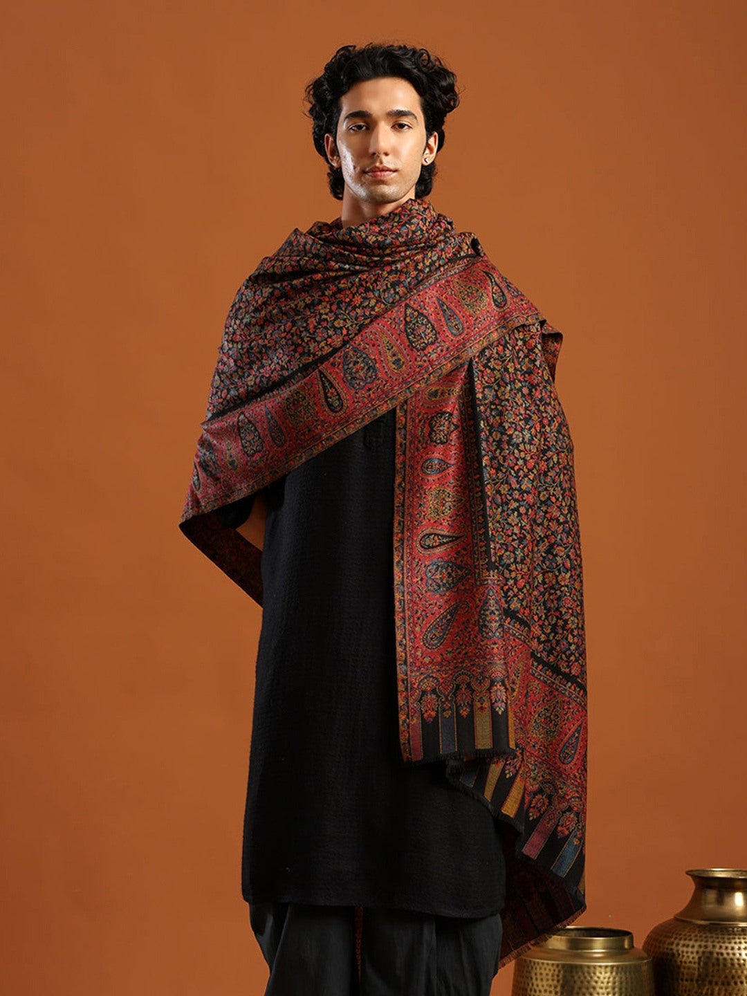 Tweedle Men’s Blended Wool Kashmiri Kani Shawl - Black – 40x80