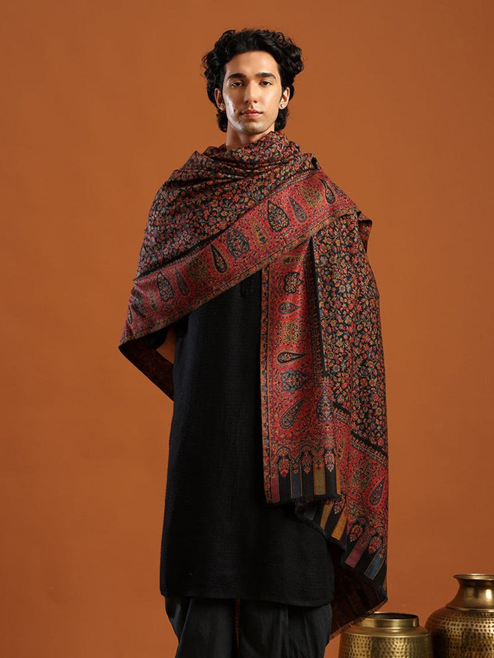 Tweedle Men’s Blended Wool Kashmiri Kani Shawl - Black – 40x80