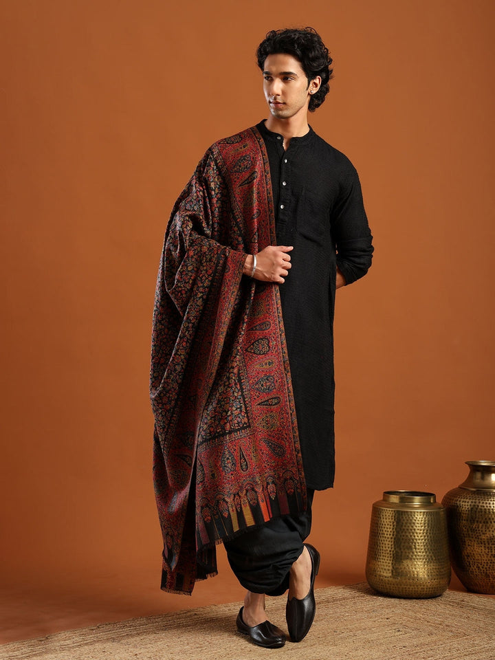 Tweedle Men’s Blended Wool Kashmiri Kani Shawl - Black – 40x80