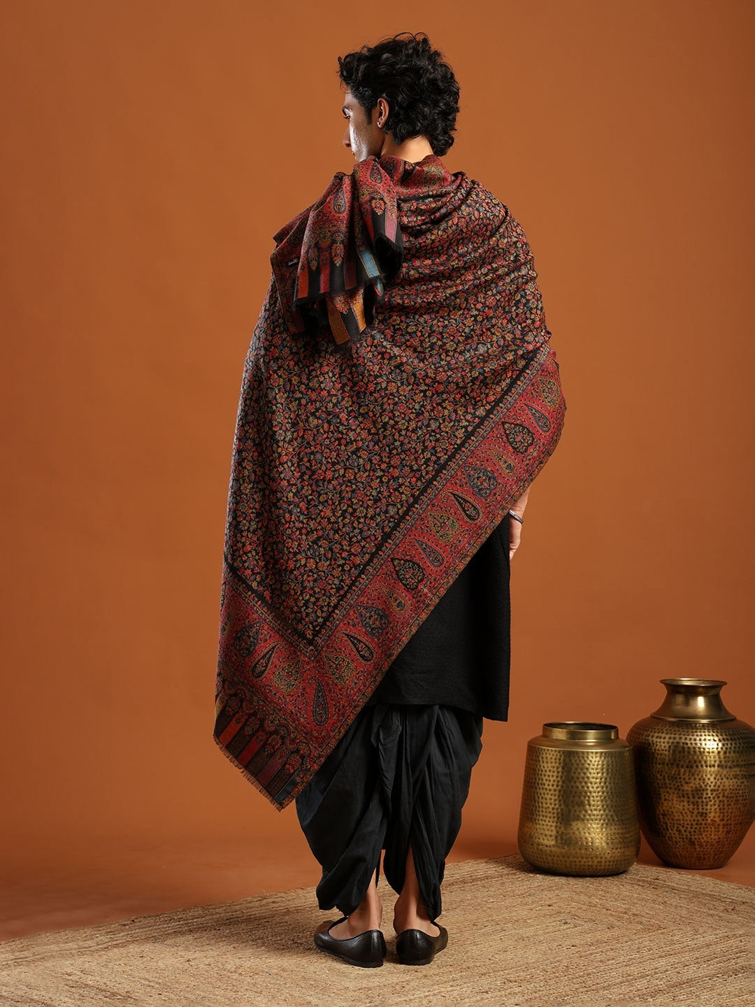 Tweedle Men’s Blended Wool Kashmiri Kani Shawl - Black – 40x80