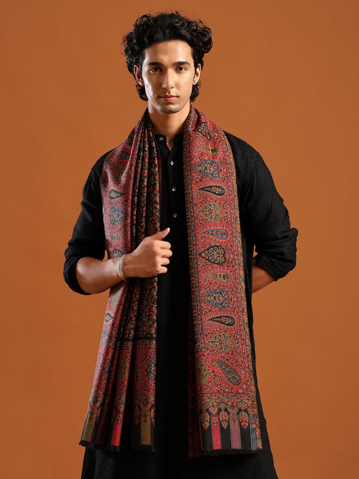Tweedle Men’s Blended Wool Kashmiri Kani Shawl - Black – 40x80