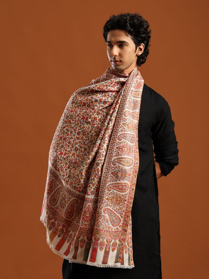 Tweedle Men’s Blended Wool Kashmiri Kani Shawl - White – 40x80