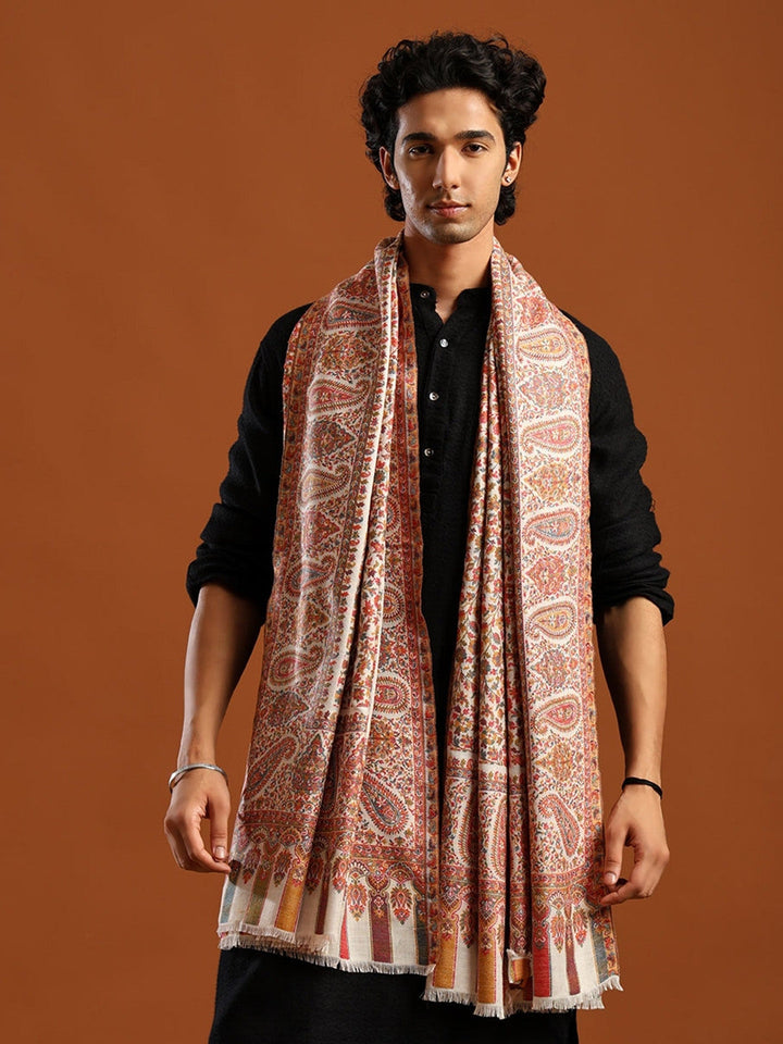 Tweedle Men’s Blended Wool Kashmiri Kani Shawl - White – 40x80