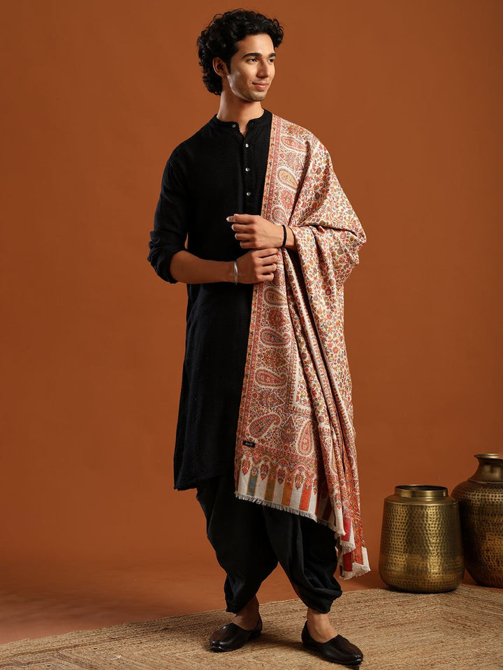 Tweedle Men’s Blended Wool Kashmiri Kani Shawl - White – 40x80