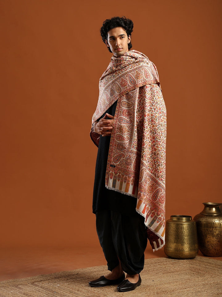 Tweedle Men’s Blended Wool Kashmiri Kani Shawl - White – 40x80