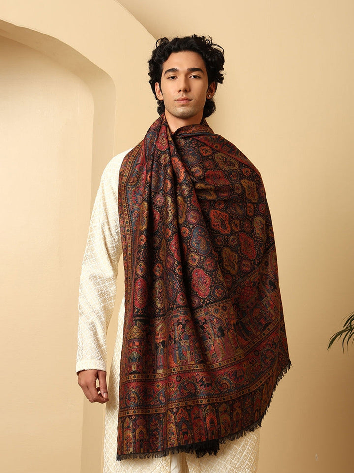 Tweedle Wool Blend Kani Shawl for Men – Maroon, Size – 40x80