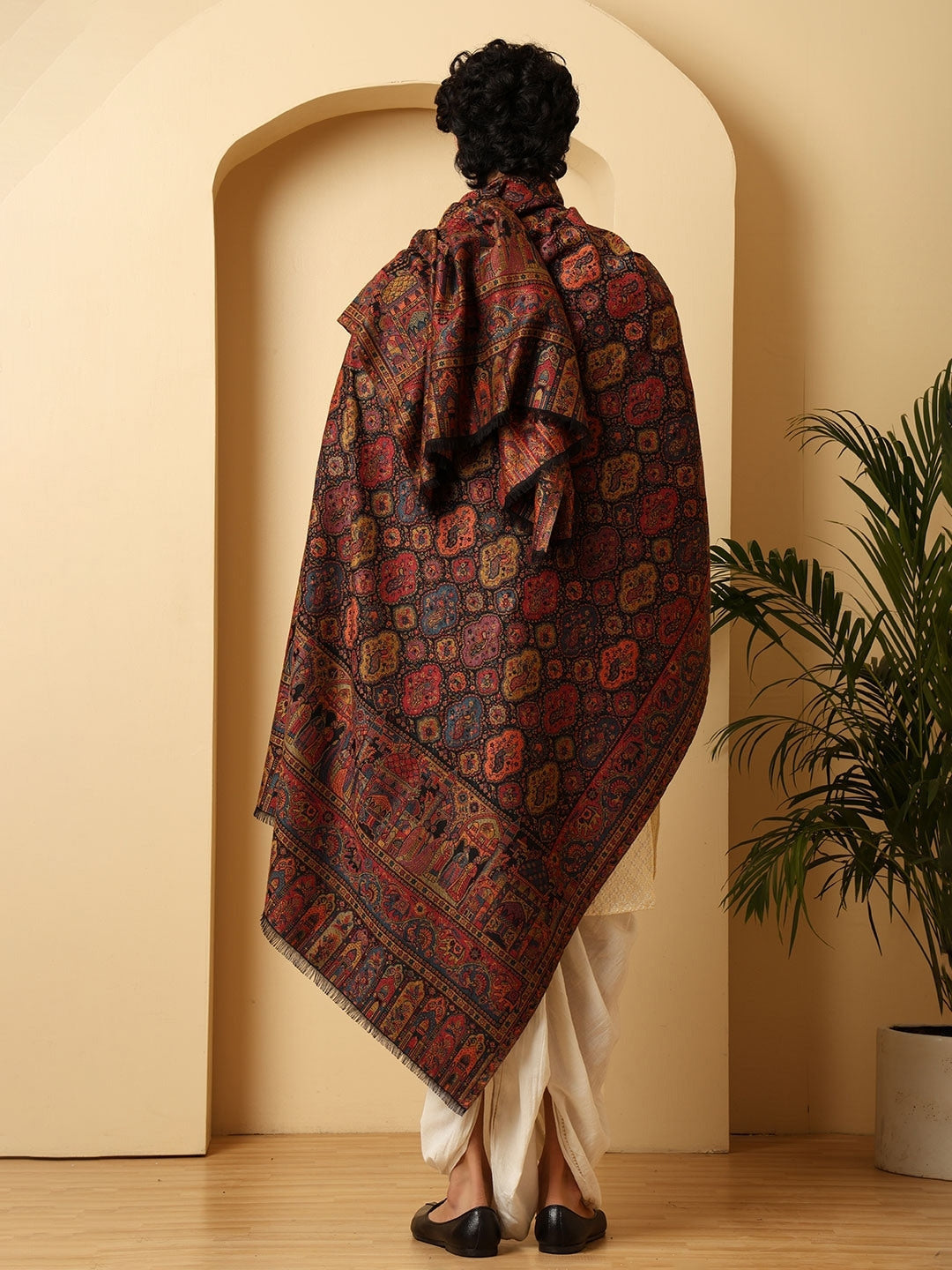 Tweedle Wool Blend Kani Shawl for Men – Maroon, Size – 40x80