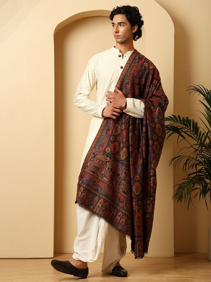 Tweedle Wool Blend Kani Shawl for Men – Maroon, Size – 40x80