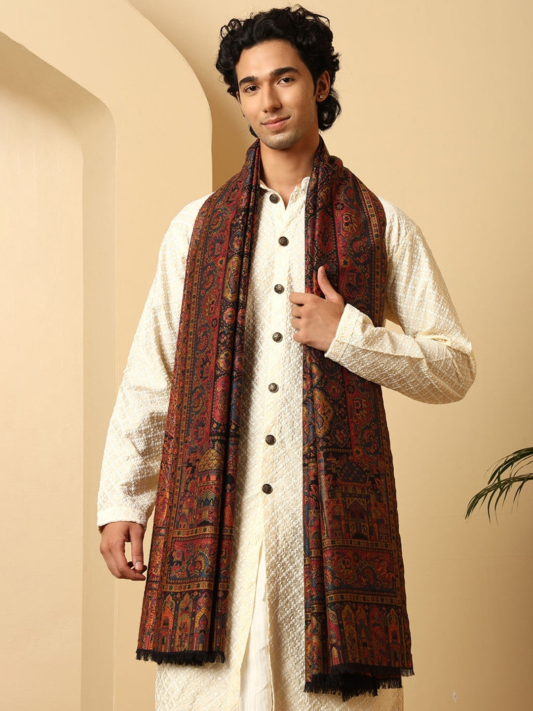Tweedle Wool Blend Kani Shawl for Men – Maroon, Size – 40x80