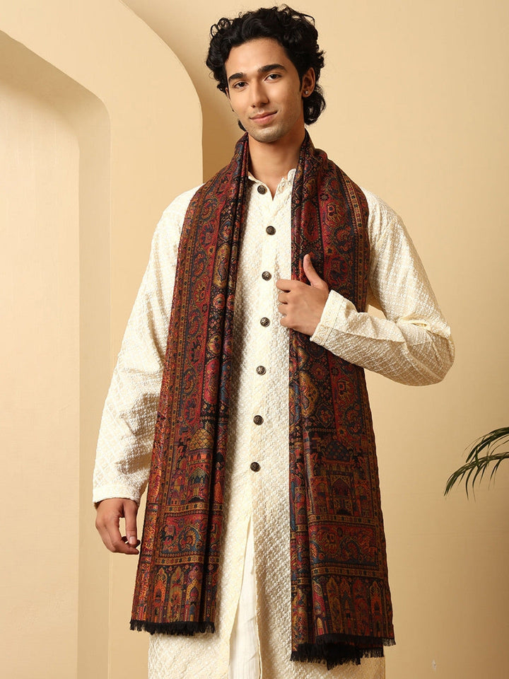 Tweedle Wool Blend Kani Shawl for Men – Maroon, Size – 40x80