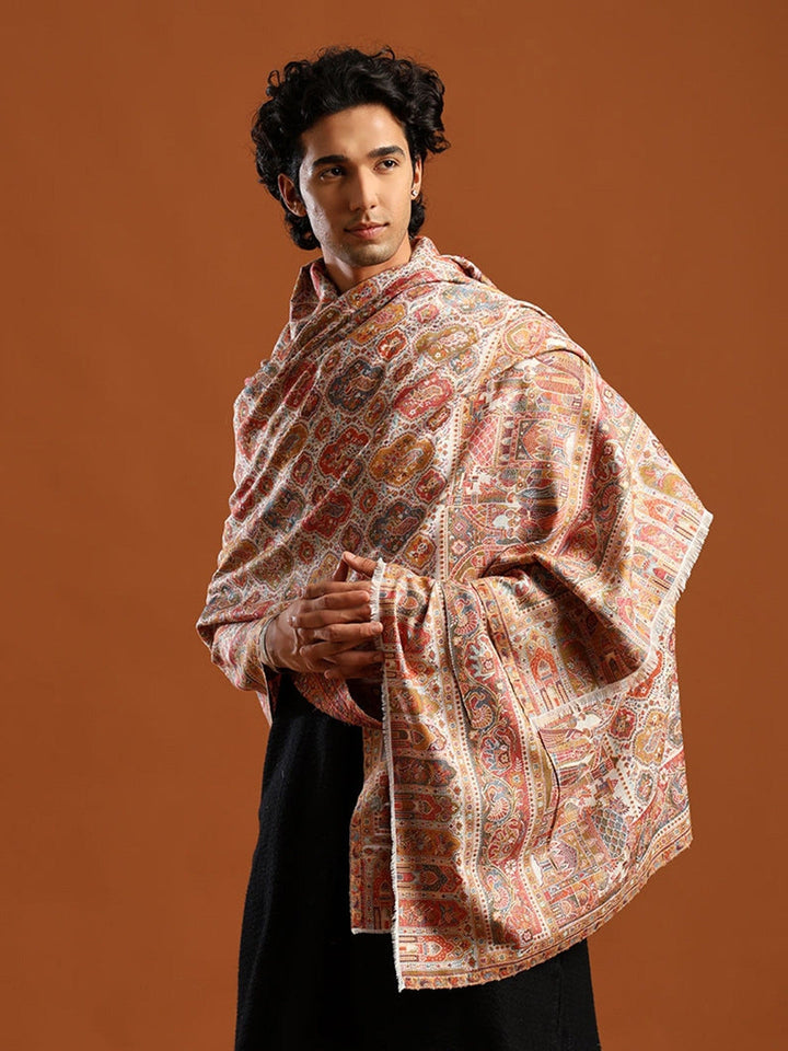 Tweedle Wool Blend Kani Shawl for Men – Off White, Size – 40x80