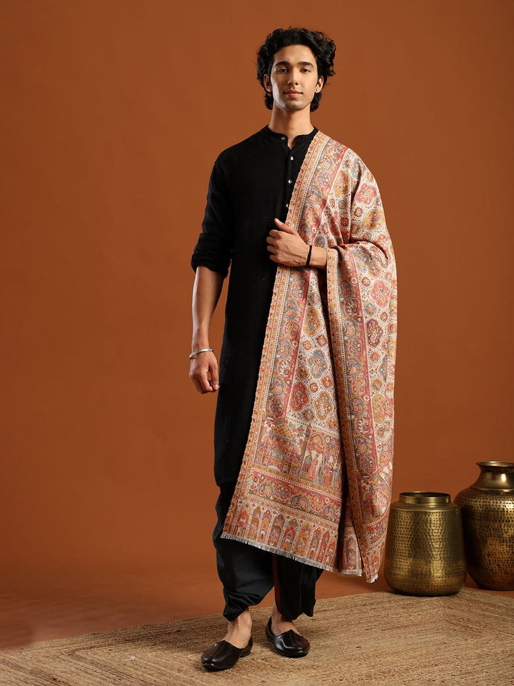 Tweedle Wool Blend Kani Shawl for Men – Off White, Size – 40x80